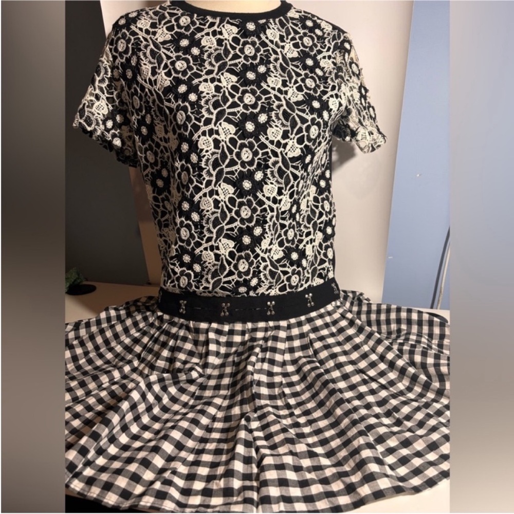 NWT Zara Trafaluc black and white floral lace top and gingham plaid skirt dress - Picture 2 of 6